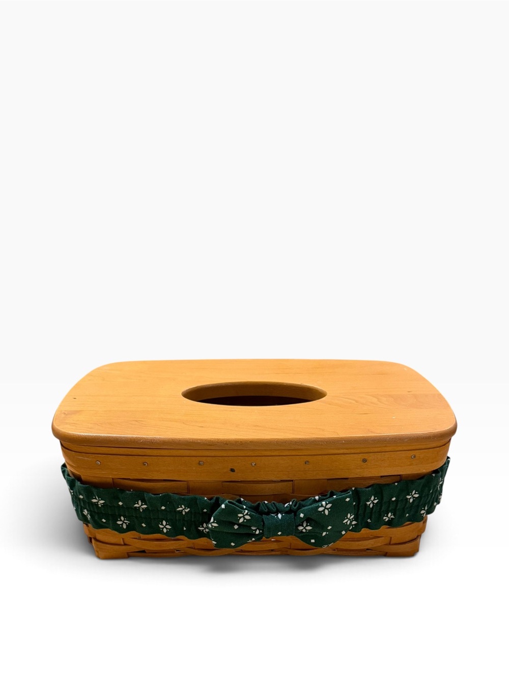 Longaberger Wood Tissue Box Cover with Dark Green Fabric Band & Interior Liner